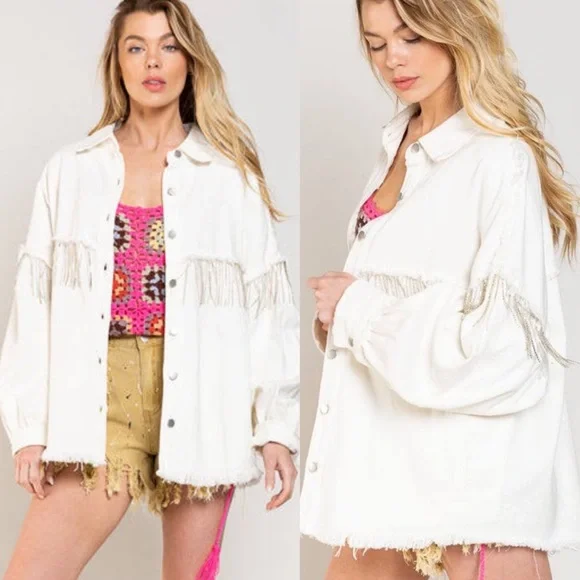 Veveret White Fringe Rhinestone Denim Tassel Jacket Size Large - Picture 1 of 16